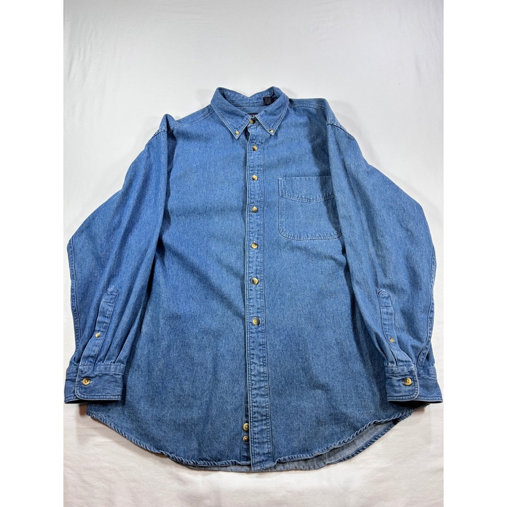Lands End Mens L Denim Button Down Shirt Long Sleeve Blue Cotton RN 62830